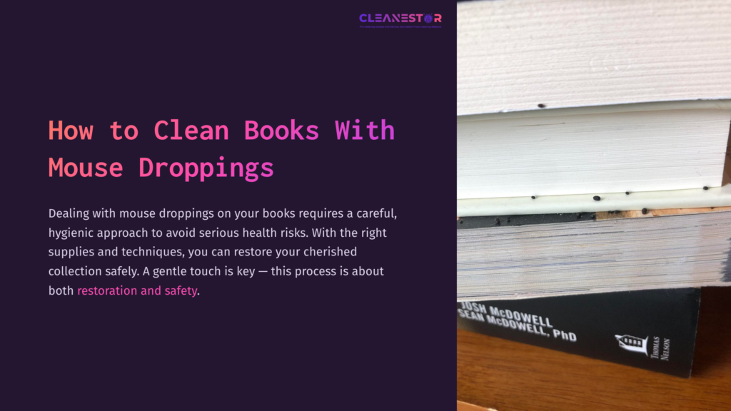 1 How To Clean Books With Mouse Droppings A Close-Up Of Stacked Books With Mouse Droppings On A Wooden Surface, Set Against A Dark Purple Background With White And Pink Text.