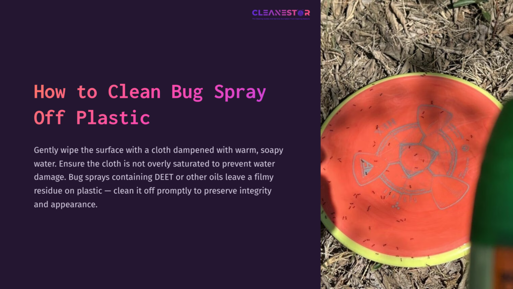 A Vibrant Orange Frisbee Rests On Brown, Textured Ground, Featuring A Fish Design, Alongside Cleaning Tips For Bug Spray Removal.