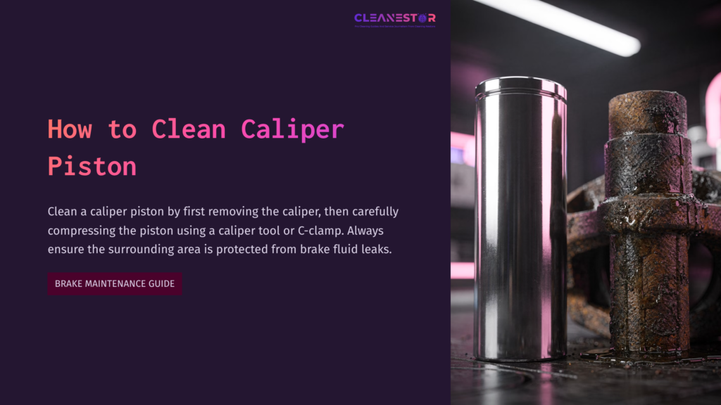 A Metallic Caliper Piston And Clamp Tool Against A Dark, Industrial Background, With Text About Cleaning Caliper Pistons.