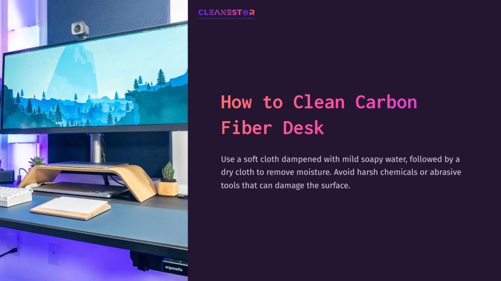 A Clean Workspace Featuring A Carbon Fiber Desk, Dual Monitors, And A Wooden Stand, Set Against A Purple Background With Cleaning Tips.