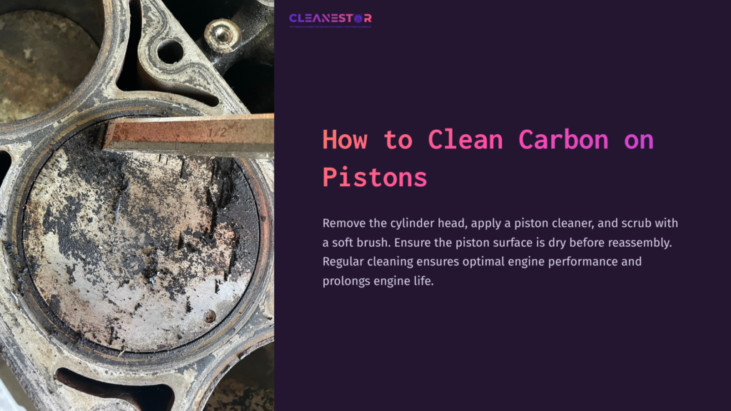 Close-Up Of A Dirty Piston With Carbon Buildup, Showing A Metal Tool And Brush For Cleaning. Dark Background Highlights The Details.