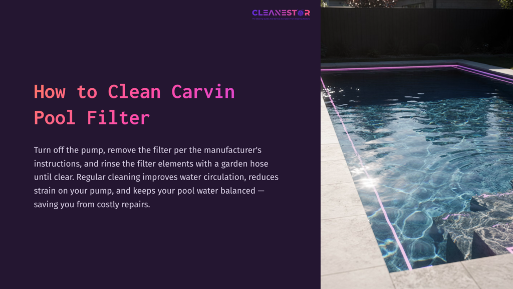 Crystal-Clear Pool Water Reflecting Sunlight, With A Tiled Edge And A Dark Wooden Backdrop, Alongside Informative Text On Filter Cleaning.