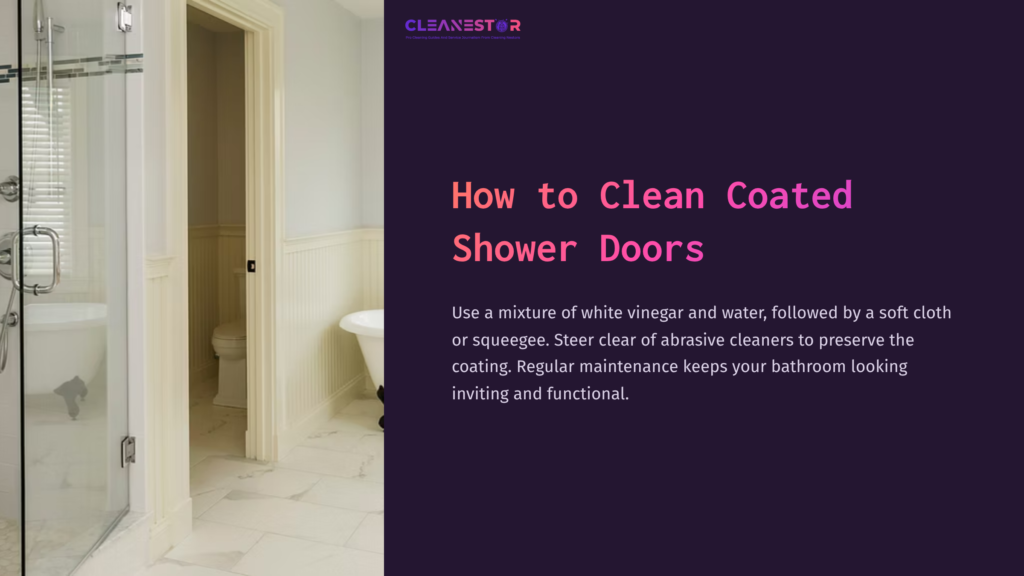 Bright Bathroom With Glass Shower Doors; White Walls And Tiled Floor. Instructions On Cleaning Coated Shower Doors Are Displayed.