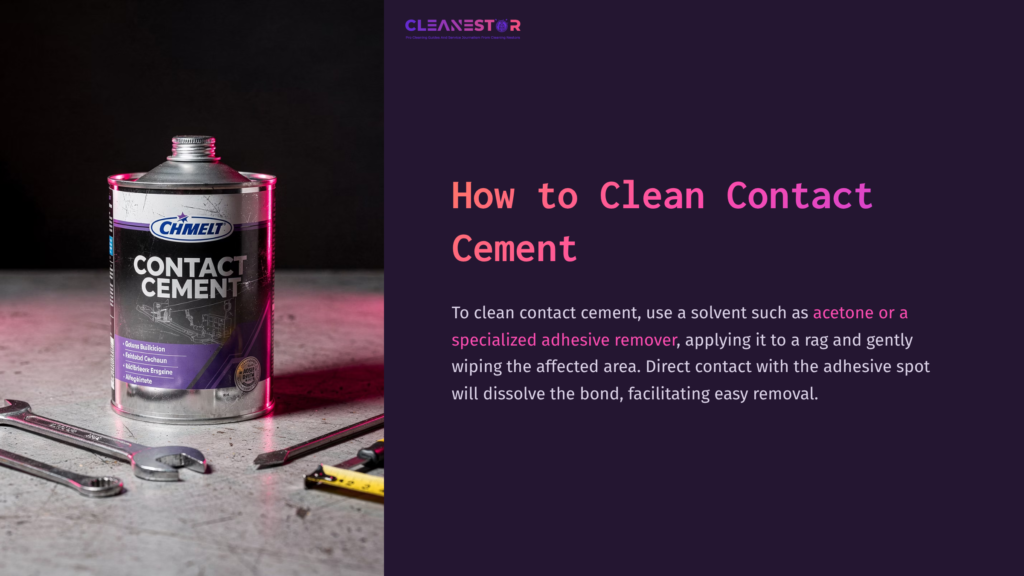 A Tin Of Contact Cement On A Textured Surface, Surrounded By Tools. The Background Features A Deep Purple Color, Enhancing Focus On The Tin.