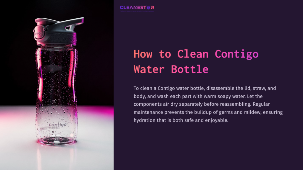 Clear Contigo Water Bottle With Purple Accents, Disassembled Lid And Straw Beside It, On A Dark Purple Background.