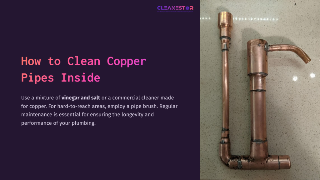 Copper Pipes With A Shiny Surface Arranged On A Light Countertop, Alongside Cleaning Advice In Purple And White Text On The Left.