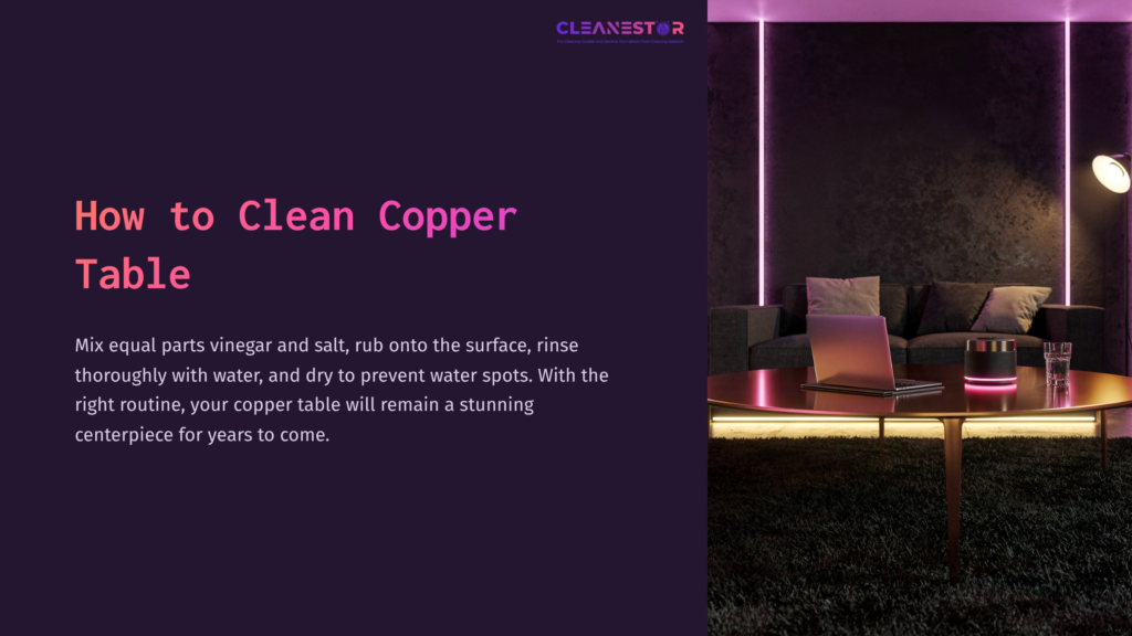 A Modern Living Room With A Copper Table, Purple Ambient Lighting, And A Laptop On The Table, Set Against A Dark Textured Wall.