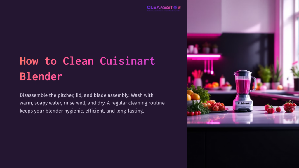 Cuisinart Blender On A Kitchen Countertop, Surrounded By Fresh Fruits, With A Vibrant Purple-Hued Background And Modern Lighting.