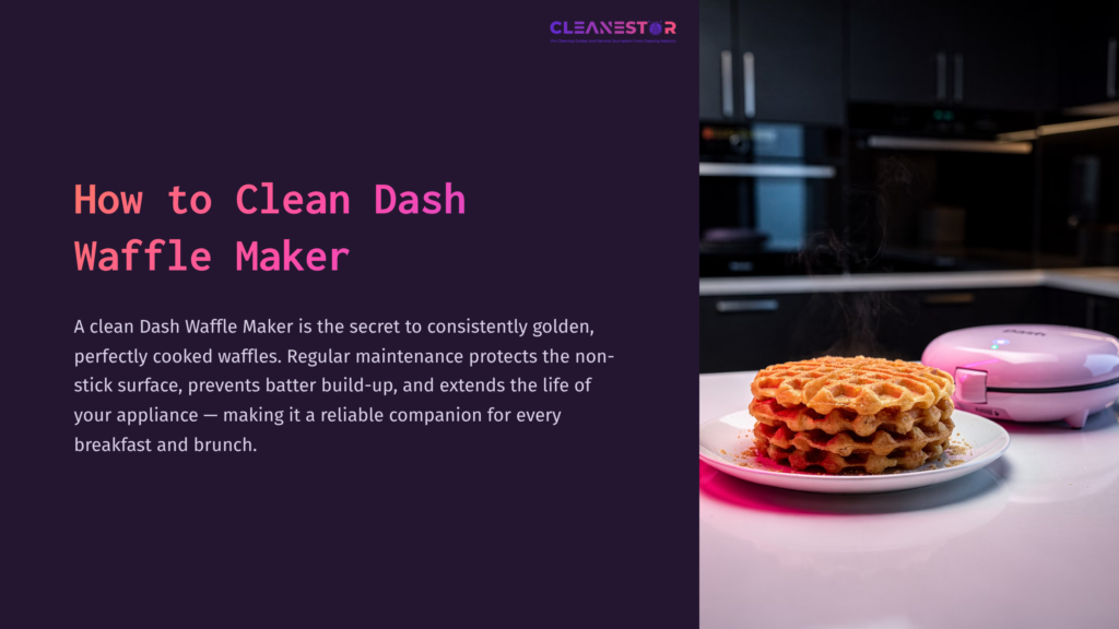 Pink Dash Waffle Maker Beside A Stack Of Golden-Brown Waffles, Set Against A Modern Kitchen Backdrop With Dark Cabinets.