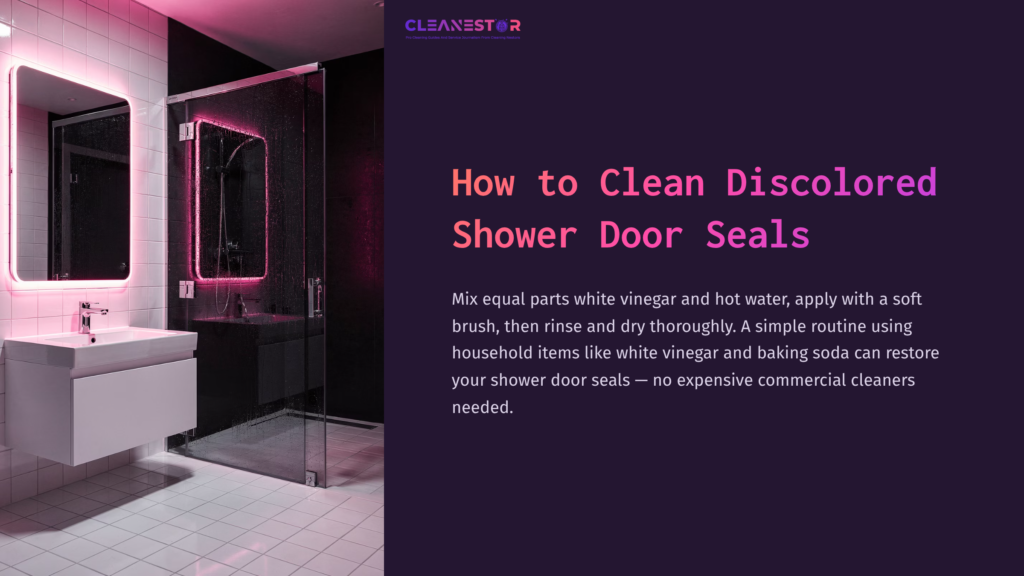1 How To Clean Discolored Shower Door Seals Modern Bathroom Featuring A Sleek Shower With Glass Door And A Vanity With A Mirror, Illuminated By Pink Led Lights.