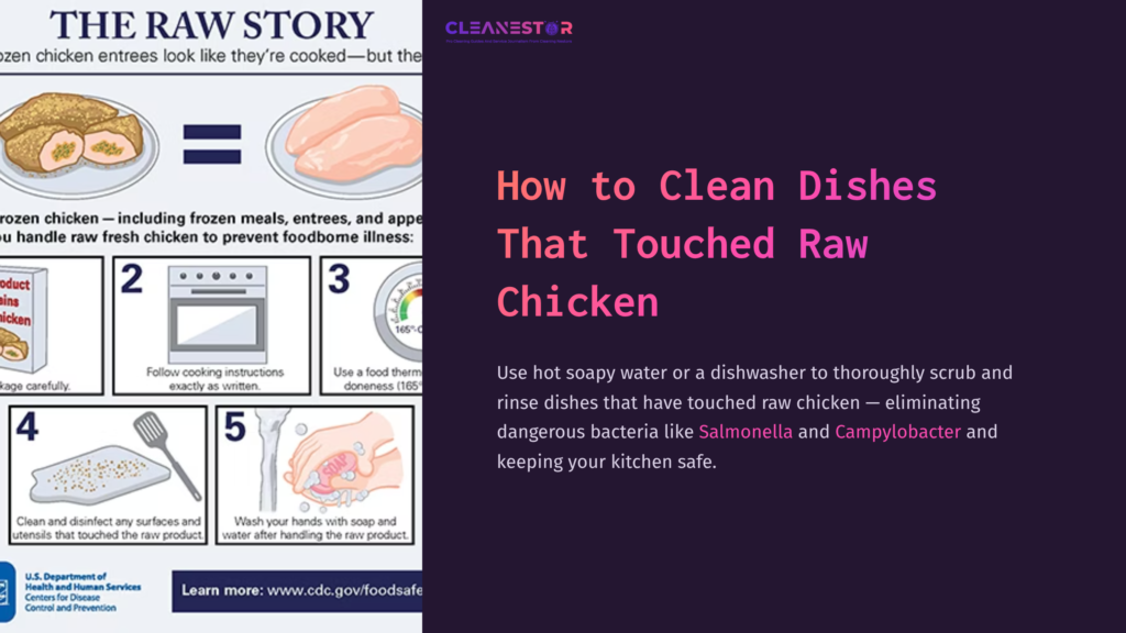 Infographic Featuring Steps For Cleaning Dishes After Raw Chicken, With Illustrations Of Raw Chicken, A Sink, And Cleaning Supplies In Pastel Colors.