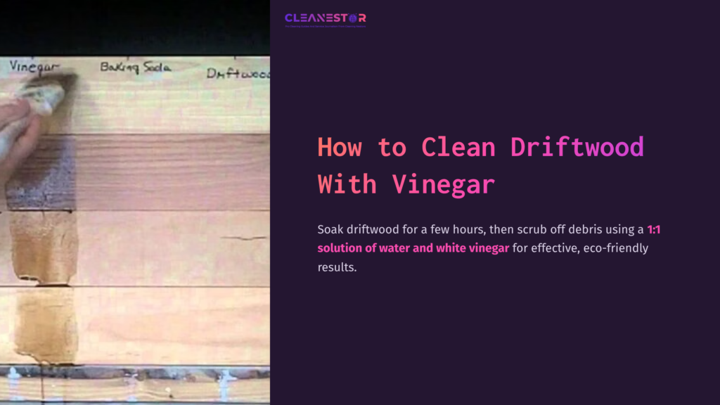 A Close-Up Of A Person'S Hand Scrubbing Driftwood With A Sponge, Set Against A Light Wooden Surface, With Vinegar Bottles Visible Nearby.