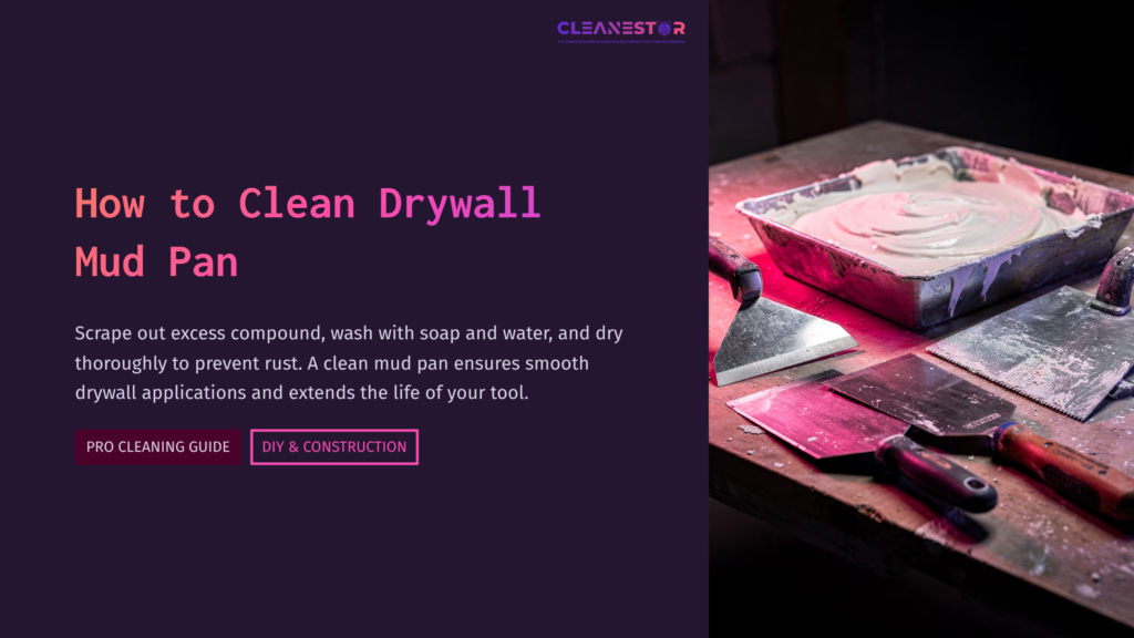 A Dirty Drywall Mud Pan Sits On A Wooden Surface With A Spatula And Brush Beside It, Illuminated By Pink Light.