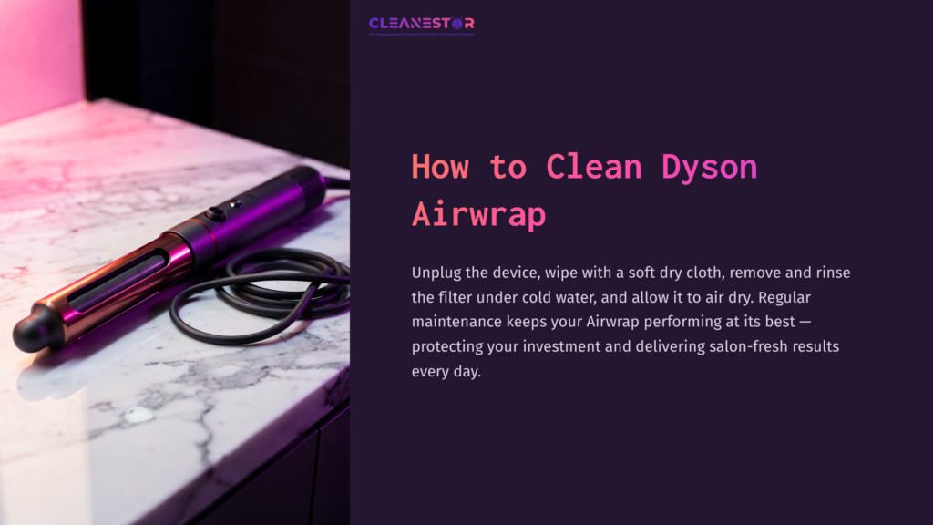 1 How To Clean Dyson Airwrap A Dyson Airwrap In Purple And Black Lies On A Marble Surface, With A Cable Neatly Coiled Beside It Against A Dark Background.