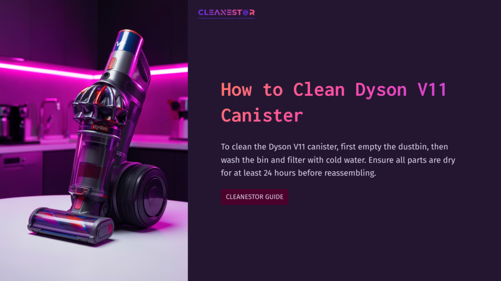 Dyson V11 Canister Vacuum Positioned On A Dark Surface, With Purple Lighting In The Background. Text Instructions On Cleaning Process.