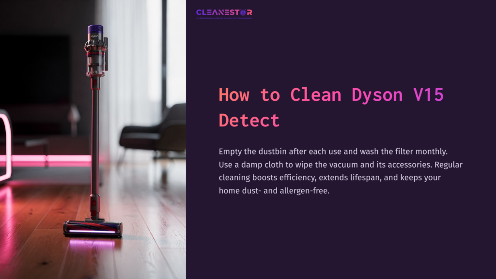 A Purple And Silver Dyson V15 Detect Vacuum Stands Upright On A Wooden Floor With A Pink-Lit Background, Showcasing Modern Home Decor.