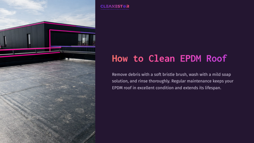 1 How To Clean Epdm Roof A Flat Epdm Roof With A Modern Building Structure, Featuring A Soft Bristle Brush And Soap Solution For Cleaning.