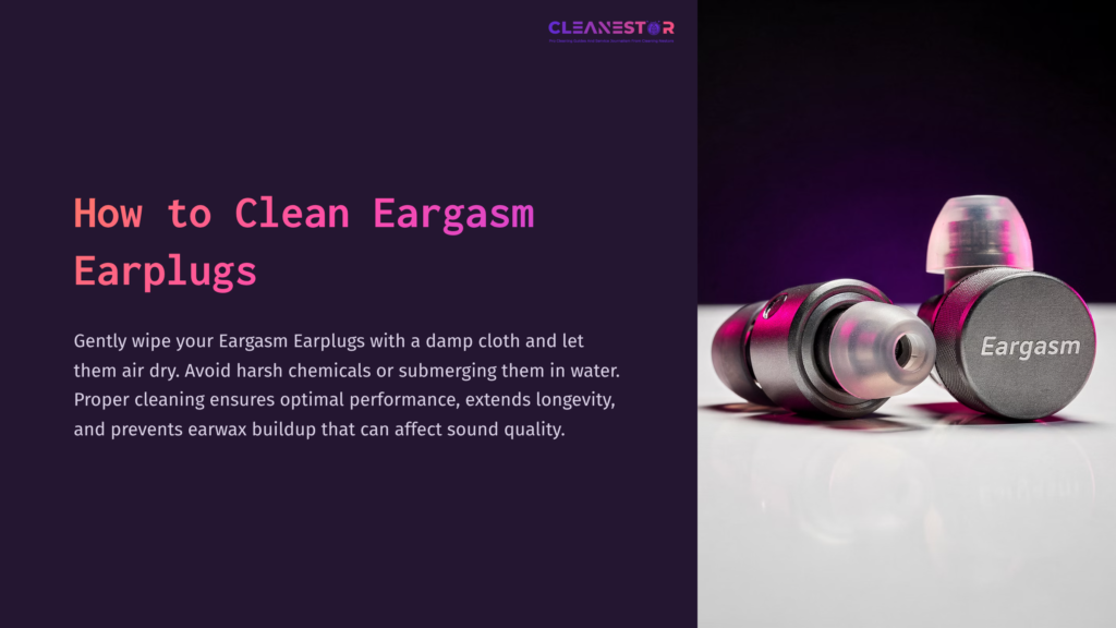 Two Eargasm Earplugs, One With A Grey Casing And The Other Partially Transparent, Are Displayed Against A Dark Background With Purple Highlights.