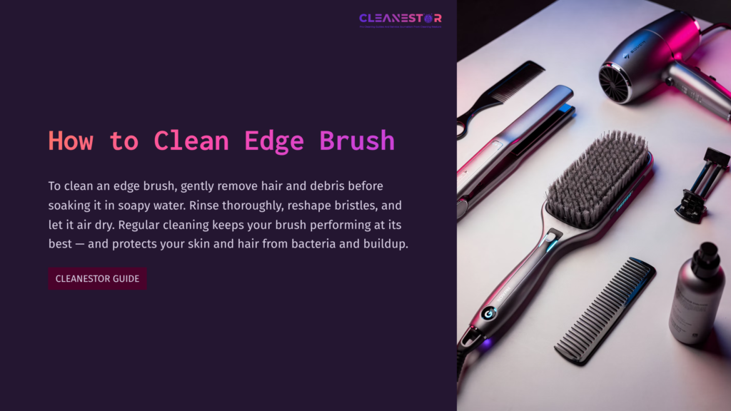 A Colorful Edge Brush Next To A Comb And Hairdryer On A Dark Background, With Cleaning Instructions For The Brush.