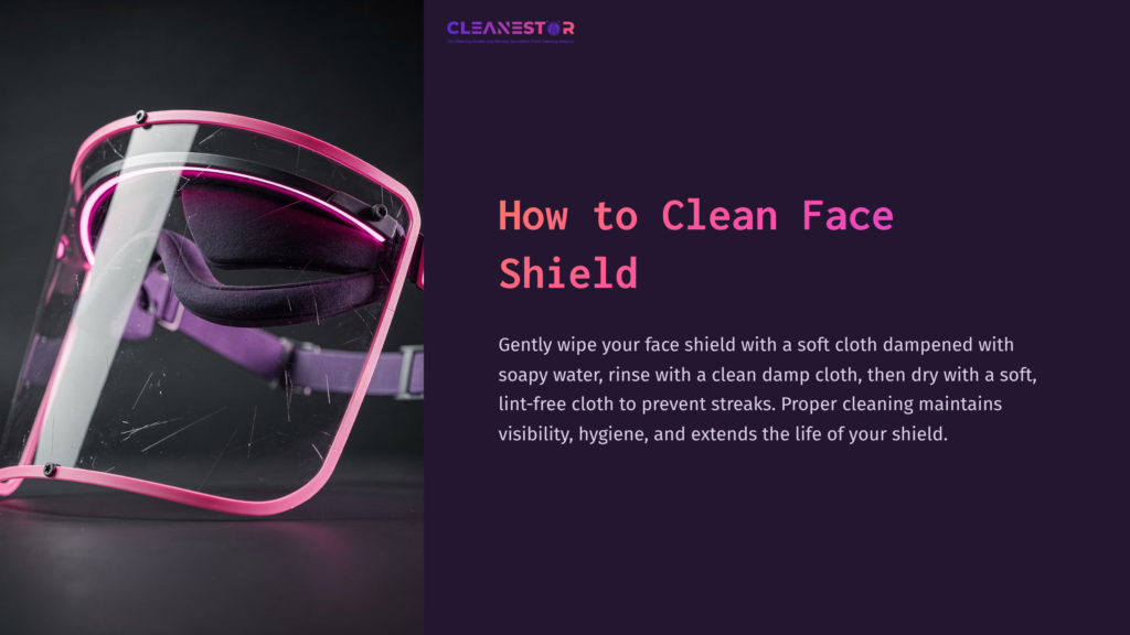 A Pink And Clear Face Shield On A Dark Background, Accompanied By Cleaning Instructions In Bold Text.