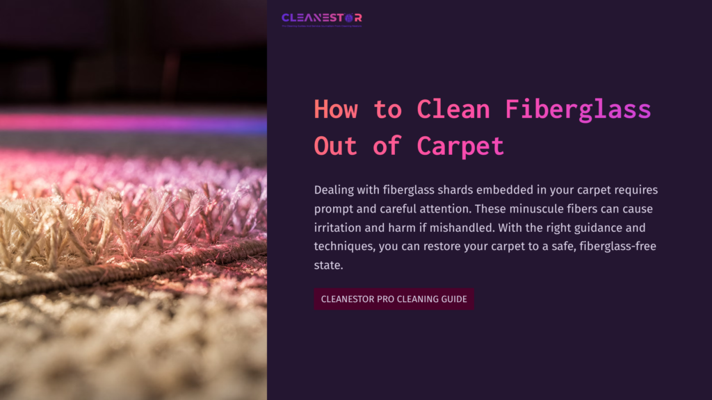 Colorful Carpet Fibers With A Blurred Background, Featuring A Title On Cleaning Fiberglass From Carpets And A Brief Description.