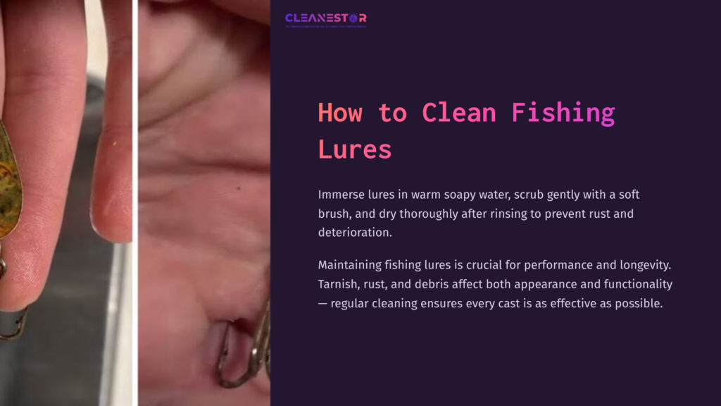Close-Up Of A Hand Holding A Shiny Green Fishing Lure, With A Soft Brush Nearby, Illustrating A Cleaning Process.