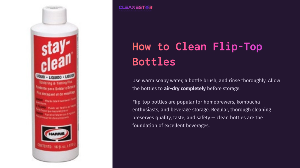 Red Flip-Top Bottle Cleaner With White Text On A Purple Background, Alongside Instructional Text About Cleaning Flip-Top Bottles.