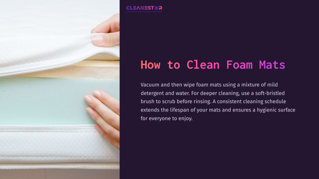 Hands Lifting A Foam Mat, With A Light Blue Interior, Against A Dark Purple Background Featuring The Text &Quot;How To Clean Foam Mats.&Quot;