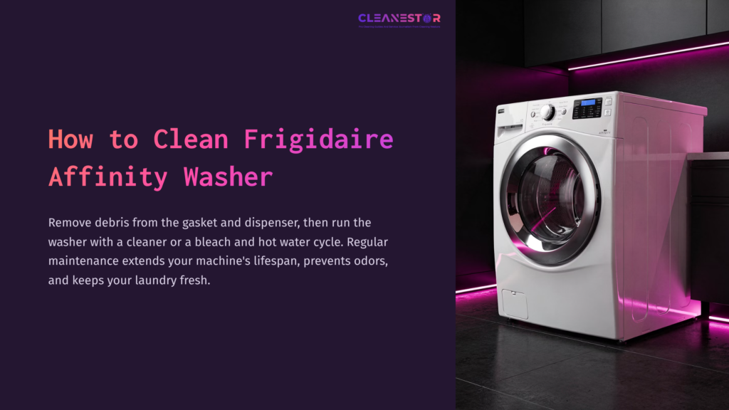 A White Frigidaire Affinity Washer Stands Against A Dark Background With Purple Lighting, Highlighting Its Modern Design And Features.