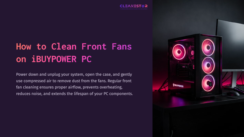 Black Gaming Pc With Rgb Fans In A Dark Environment, Featuring Pink And Purple Lighting, Beside A Purple Background With Cleaning Instructions.