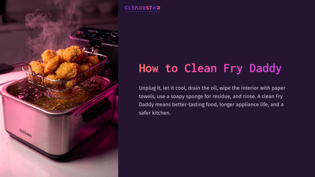 A Basket Of Golden Fried Food Sits In A Silver Fry Daddy Appliance With Bubbling Oil, Next To A Black Control Panel On A Purple Background.