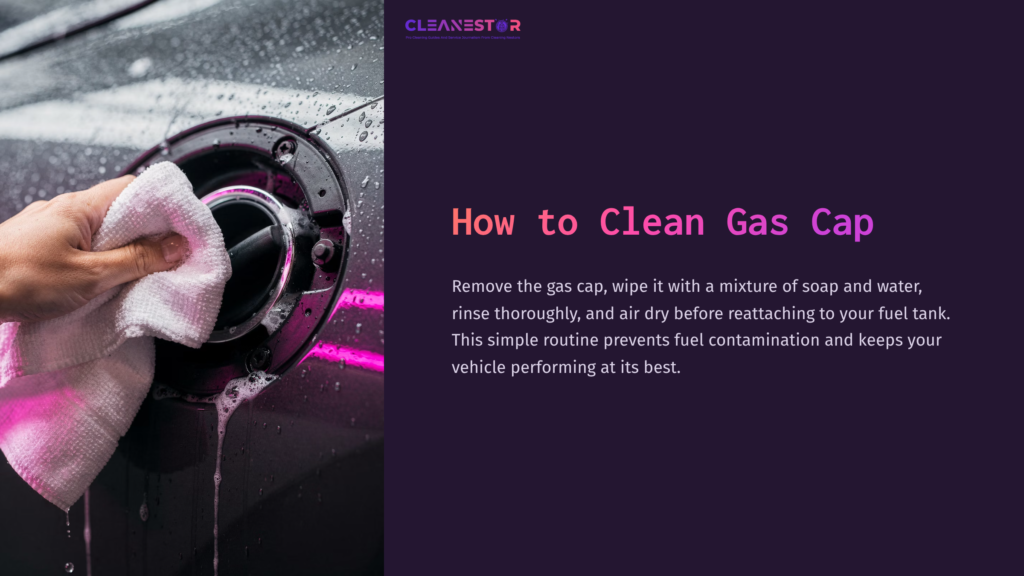 1 How To Clean Gas Cap A Person'S Hand Holding A White Cloth Is Cleaning A Black Gas Cap On A Vehicle, With Water Droplets Visible And A Dark Background.