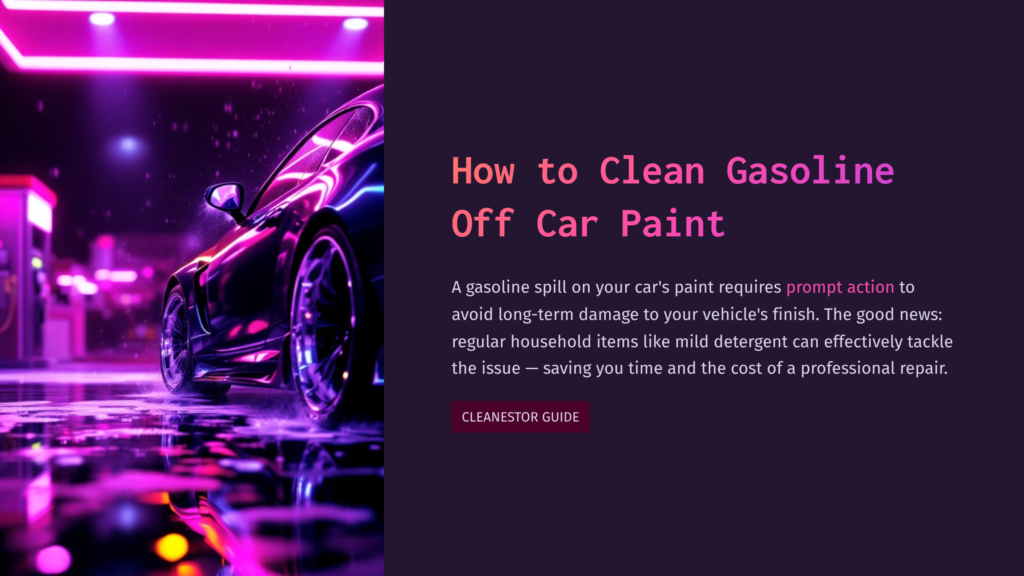 A Sleek Black Car With Shiny Curves Is Parked On A Reflective Surface Under Neon Pink Lights, Highlighting The Cleaning Tips Beside It.