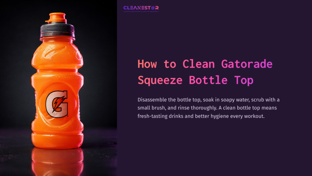 Orange Gatorade Squeeze Bottle With A Prominent Logo, Set Against A Dark Purple Background, With Cleaning Instructions Beside It.