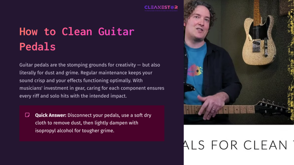 A Man In A Blue Shirt Demonstrates Cleaning Guitar Pedals On A Workbench, Surrounded By Tools And Equipment, With A Purple Background.