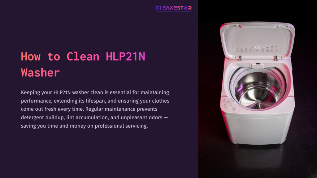 A White Hlp21N Washer With A Silver Drum, Positioned On A Dark Background, Highlighting Its Sleek Design And Maintenance Importance.