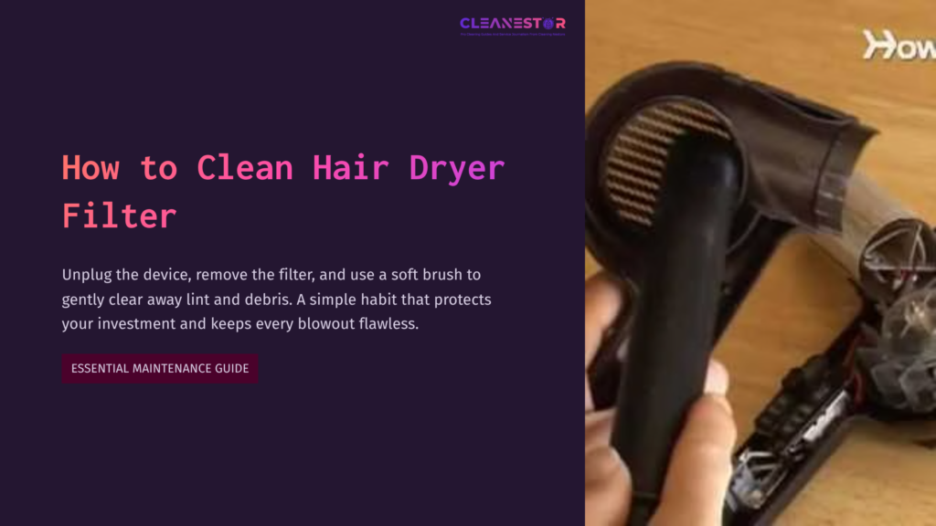 A Hand Holds A Hair Dryer With A Removed Filter, Showcasing Debris. Text On A Purple Background Explains Cleaning Steps.