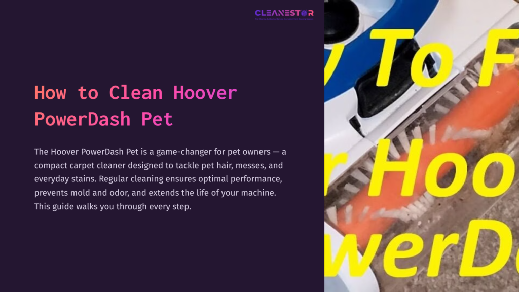Close-Up Of The Hoover Powerdash Pet, Highlighting Its Brush And Nozzle In Vibrant Blue And White, Set Against A Purple Background.