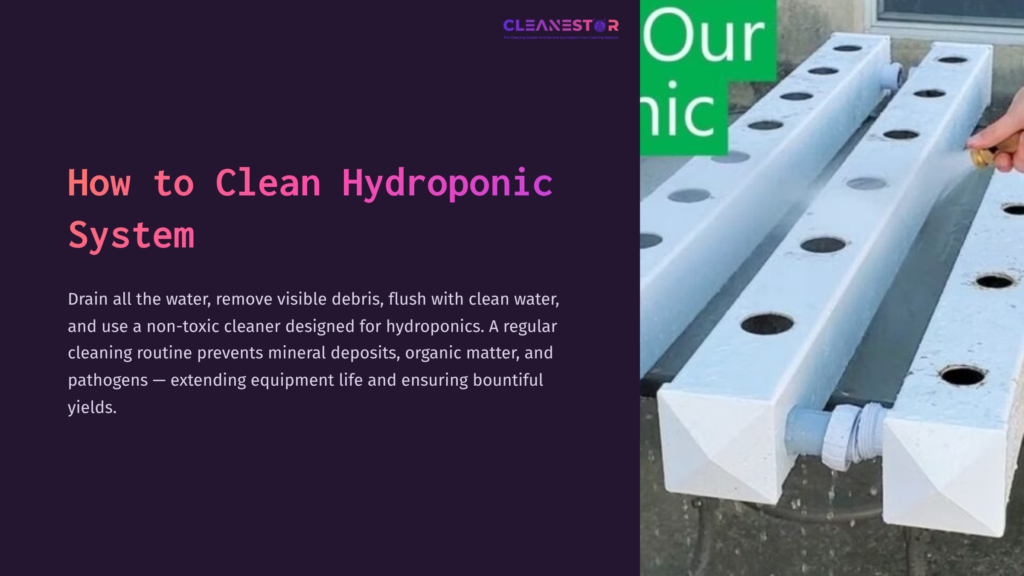 Title: 'How To Clean Hydroponic System' With A Purple Background, Featuring White Hydroponic Channel Trays With Circular Openings And Water Flow.