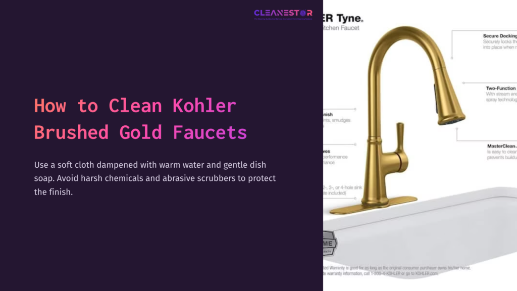 Brushed Gold Faucet On A White Sink, Accompanied By Cleaning Tips Emphasizing Gentle Care To Maintain Its Finish.