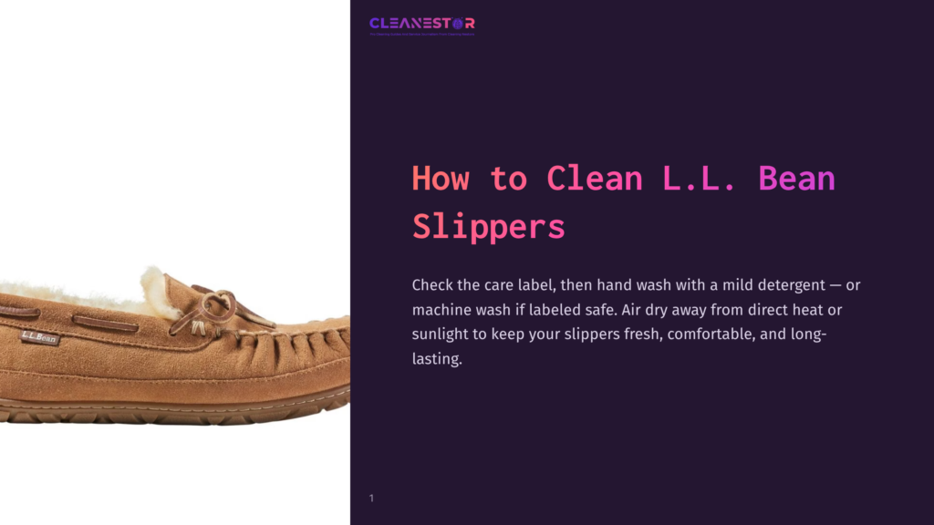 Light Brown Ll Bean Slippers With A Cozy Texture, Featuring Lace Detailing, Placed On A Dark Purple Background With Text Below.
