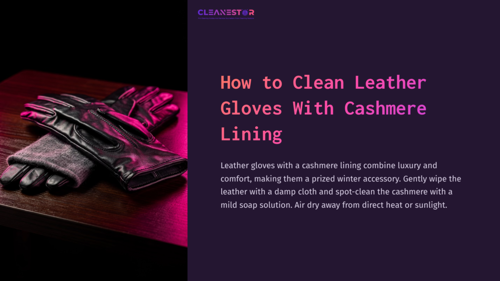 A Pair Of Black Leather Gloves With A Cashmere Lining Rests On A Dark Wooden Surface, Illuminated By Soft Pink Lighting.