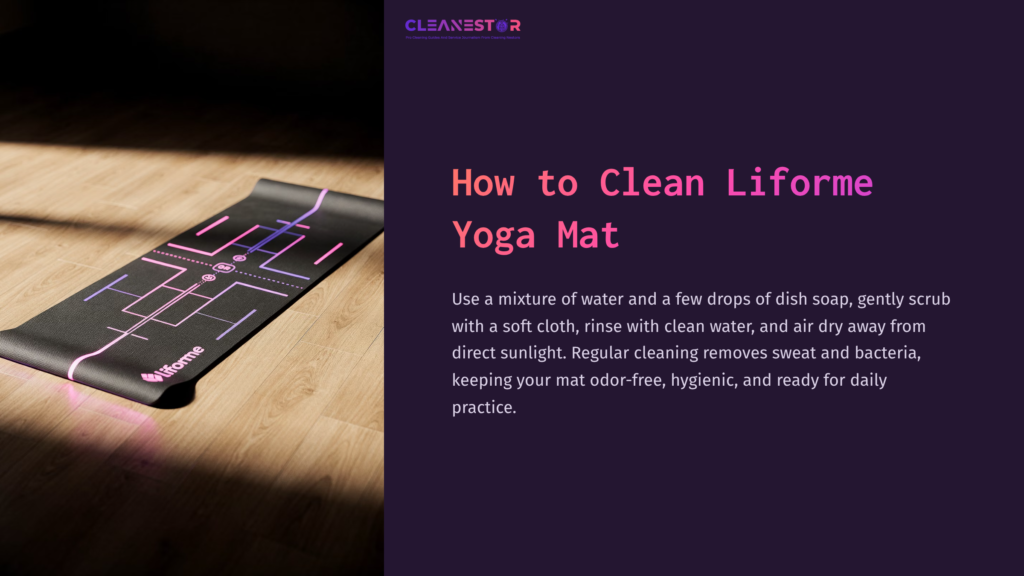 Liforme Yoga Mat Laid Out On A Dark Surface, Featuring A Pink Alignment Guide, Next To Text Instructions On Cleaning.