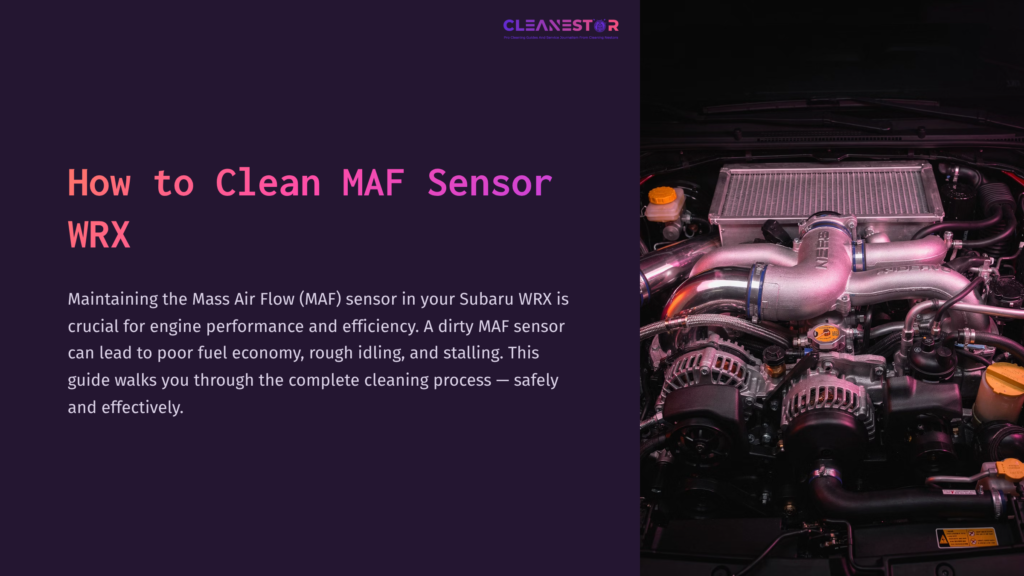 Close-Up Of A Subaru Wrx Engine, Highlighting The Maf Sensor Near The Air Intake. The Engine Components Are Metallic With A Dark Background.