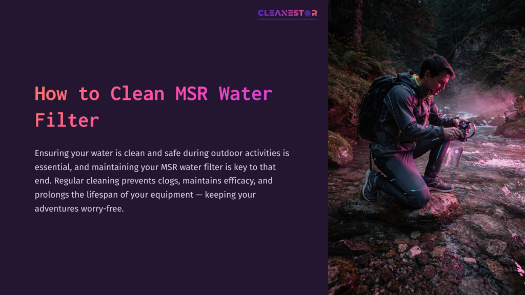 A Person Kneels By A Stream, Inspecting An Msr Water Filter, Surrounded By Lush Greenery And Rocks, With A Dark Purple Sidebar.