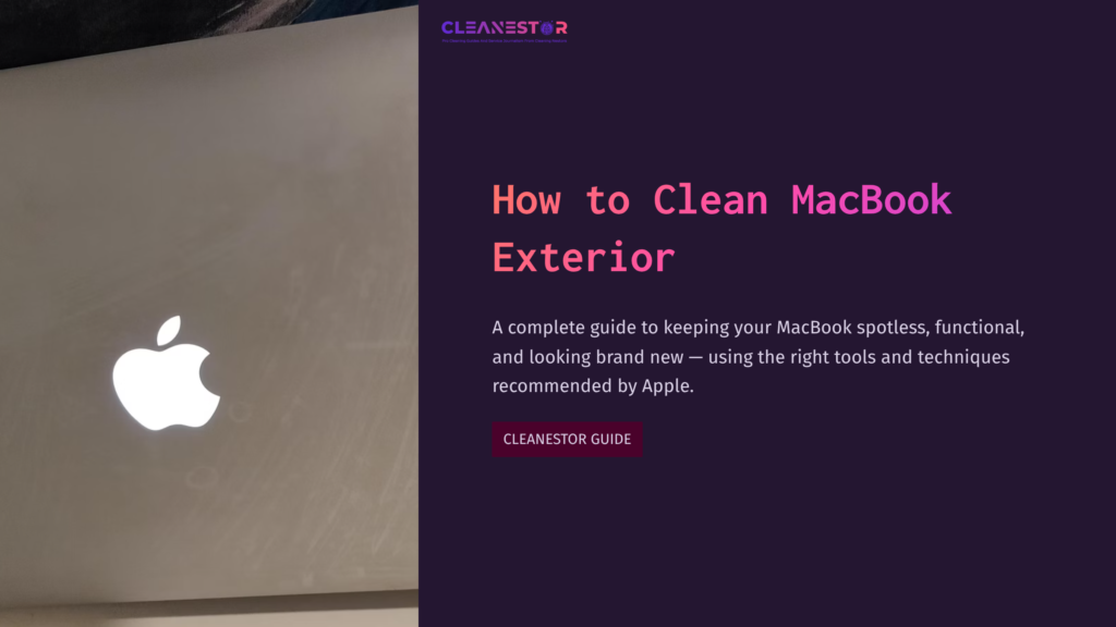 1 How To Clean Macbook Exterior Macbook Exterior With Apple Logo On A Brushed Metal Surface, Accompanied By A Guide Title And Description On A Dark Background.
