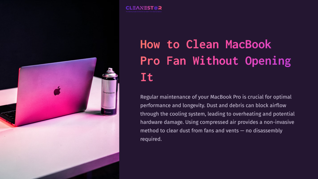 A Macbook Pro On A Desk With A Can Of Compressed Air, Featuring A Purple And Pink Gradient Background And Clear Text Instructions.