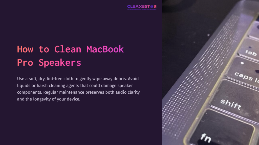 Close-Up Of A Macbook Pro Speaker Area, Highlighting Its Metallic Finish And Speaker Grilles, With A Cleaning Cloth Nearby.