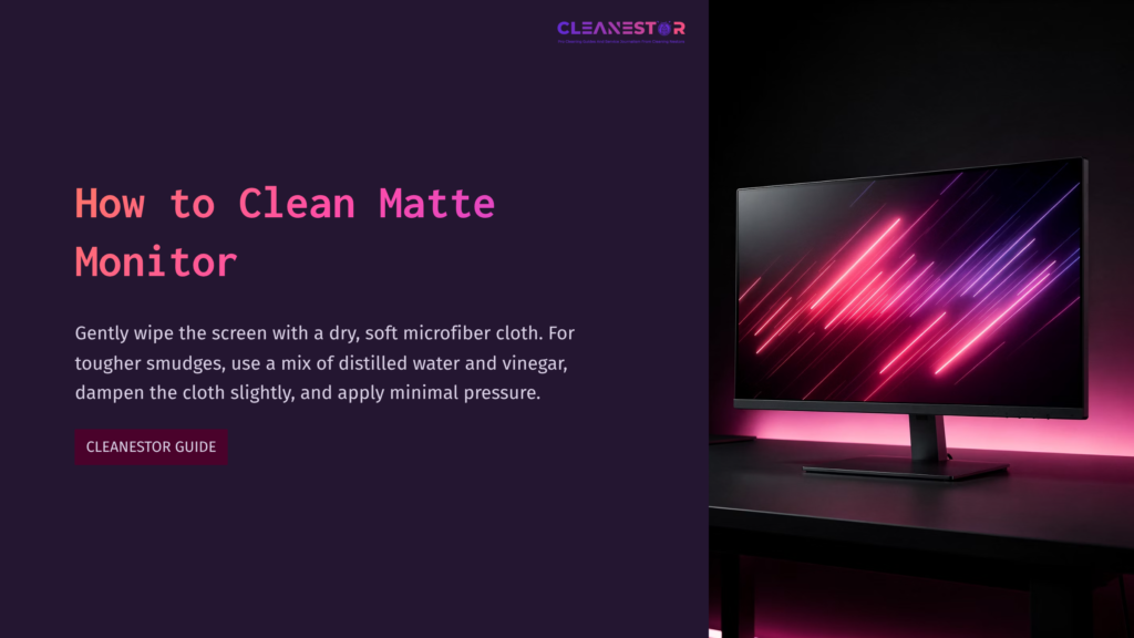 A Matte Monitor On A Dark Desk, With A Vibrant Pink And Purple Abstract Background, Accompanied By Cleaning Instructions In Pink Text.
