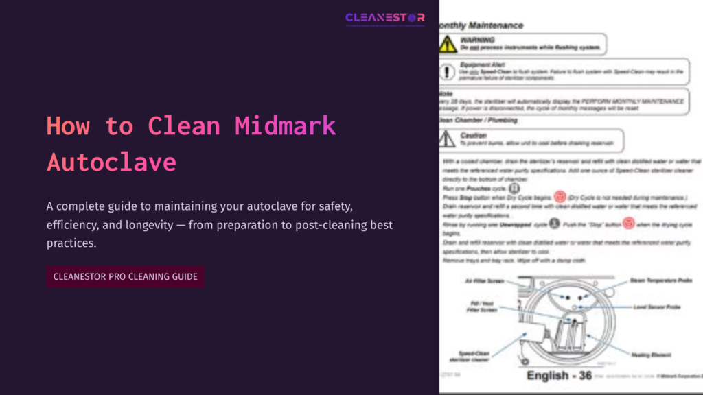 Guidance Diagram For Cleaning Midmark Autoclave, Featuring Maintenance Steps, Warnings, And Safety Symbols On A Purple Background.